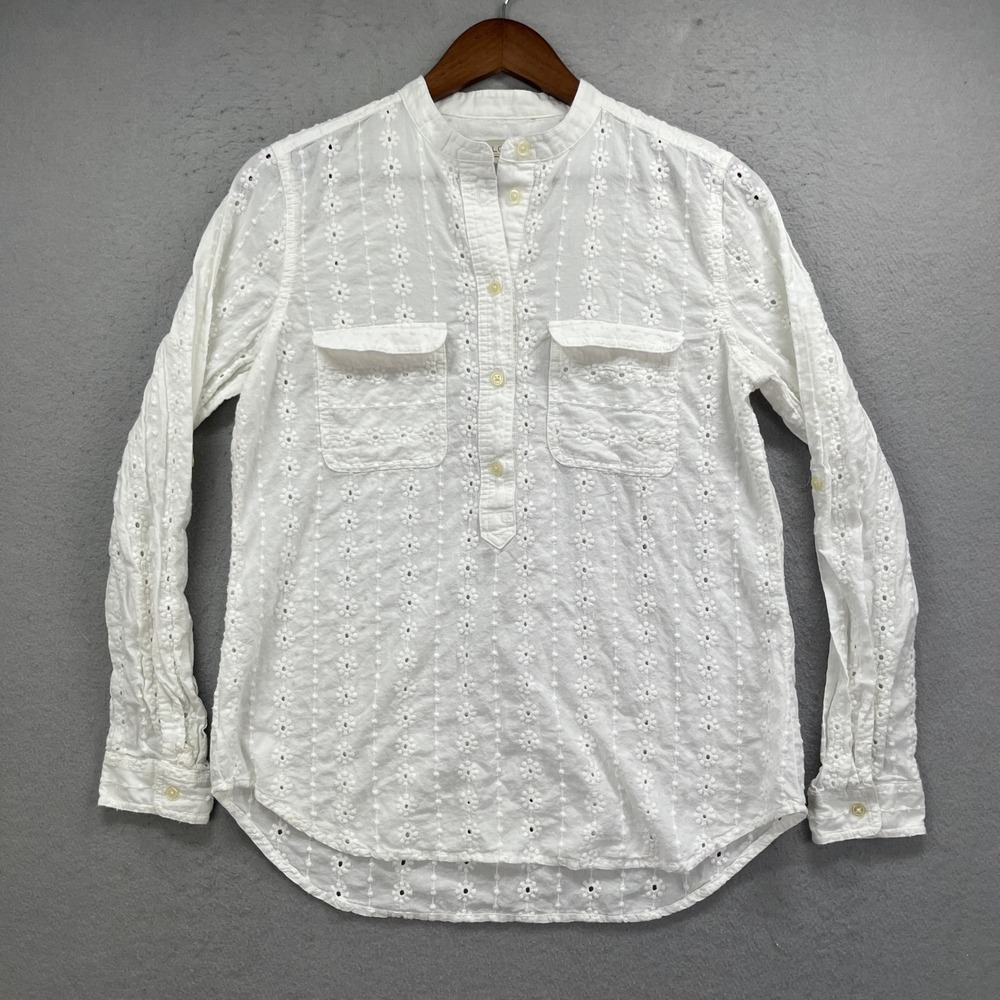 LOFT Popover Shirt Womens Medium White Floral Eyelet Henley Long Sleeve Blouse